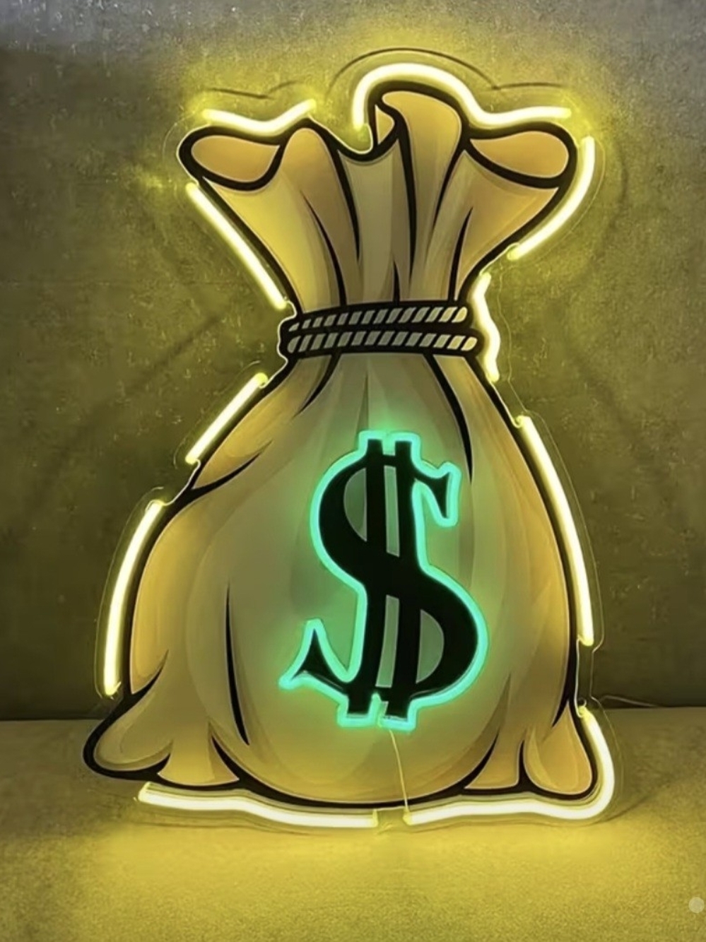 Money Bag Dollar Sign Neon Wall Light Lamp, Yellow Green Black